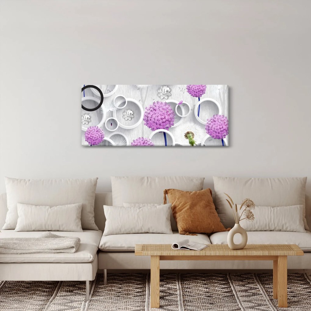 Tablou cu abstracție 3D cu cercuri și flori (120x50 cm)