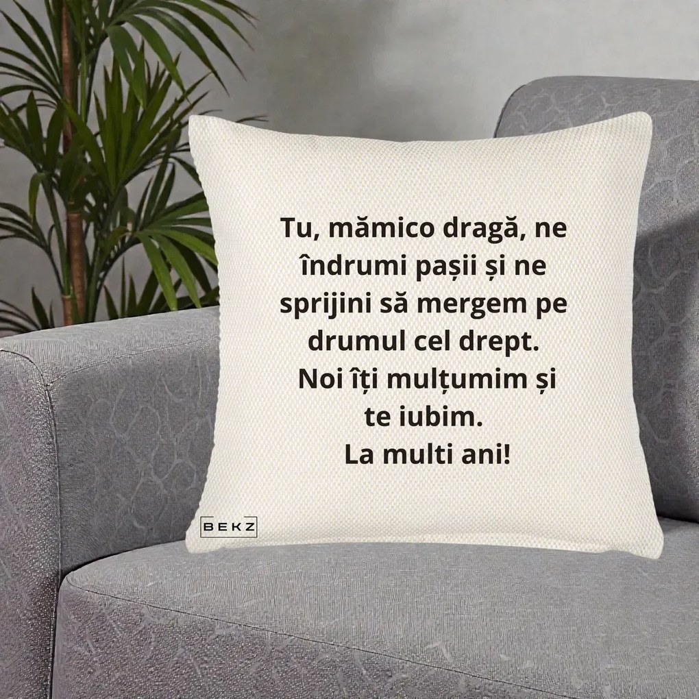 Cadou pentru Mama - Perna Personalizata Mamico Draga Te Iubim La Multi Ani cu Text Negru, 40x40 cm, Crem Reliefat, Husa Detasabila, Perna Inclusa, BEKZ®
