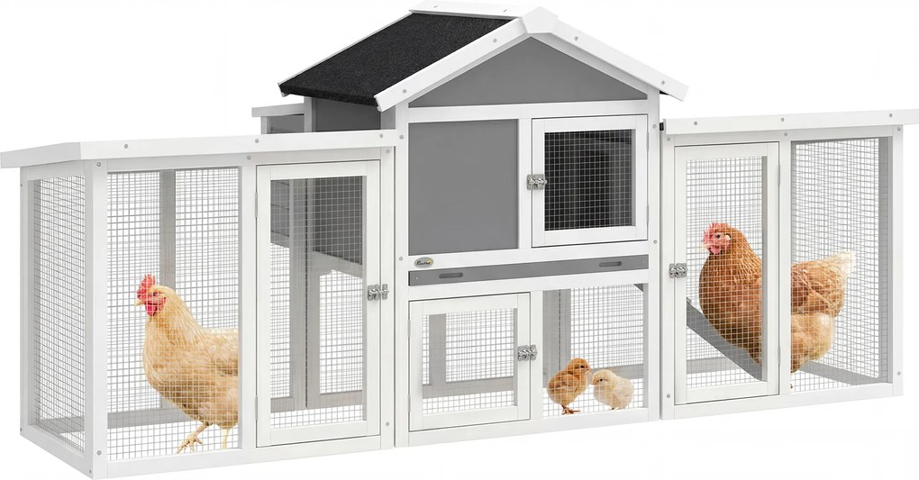 PawHut Coteț pentru exterior mare din lemn 204x85x93 cm cu cutie de cuibărit tarc tavă extractabilă și bară de cocoțat Gri | Aosom Romania