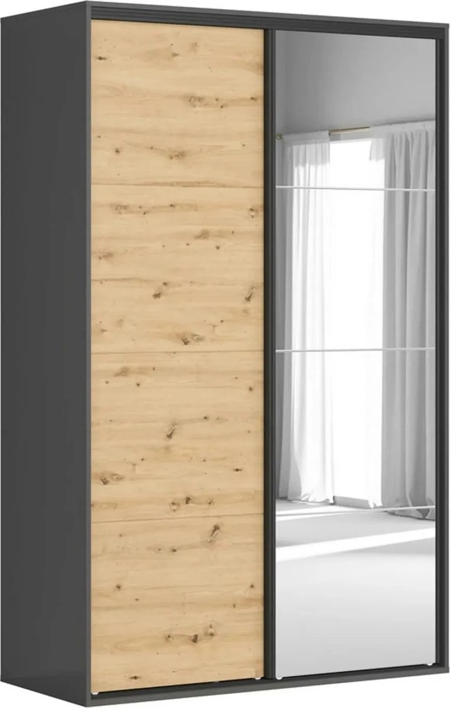 Dulap FLEX, gri grafit/stejar artisan, cu 2 usi si oglinda, 150x66x240