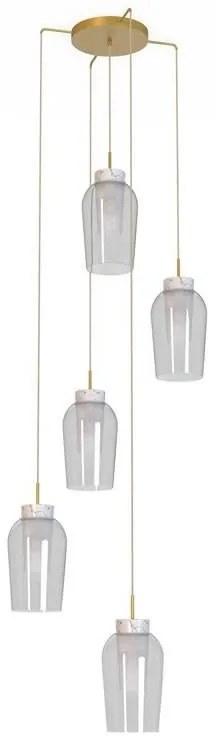Lustra cu 5 pendule design modern Nora auriu/ marmura alba