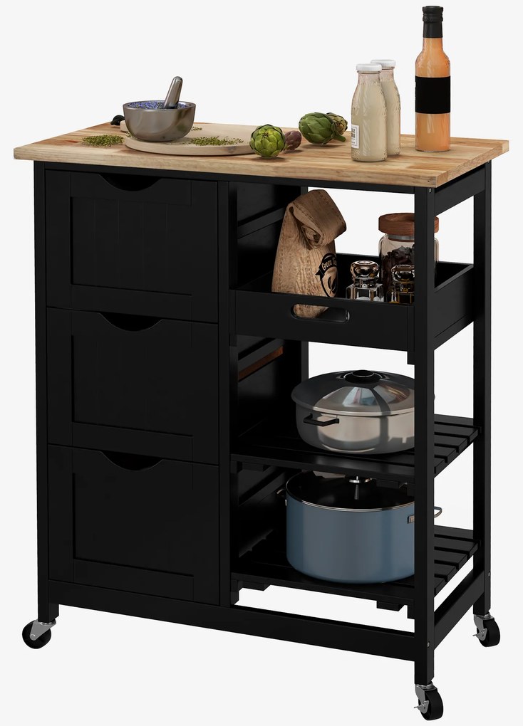 HOMCOM Cărucior servire bucătărie pe roți, blat din lemn, 3 sertare și 1 blat detașabil, 67 x 37 x 85,5 cm, negru | Aosom Romania