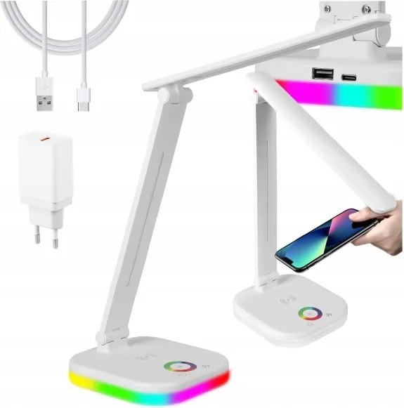 Lampă de birou LED RGBW dimabilă, cu încărcare wireless, LED/7W/5V USB, alb