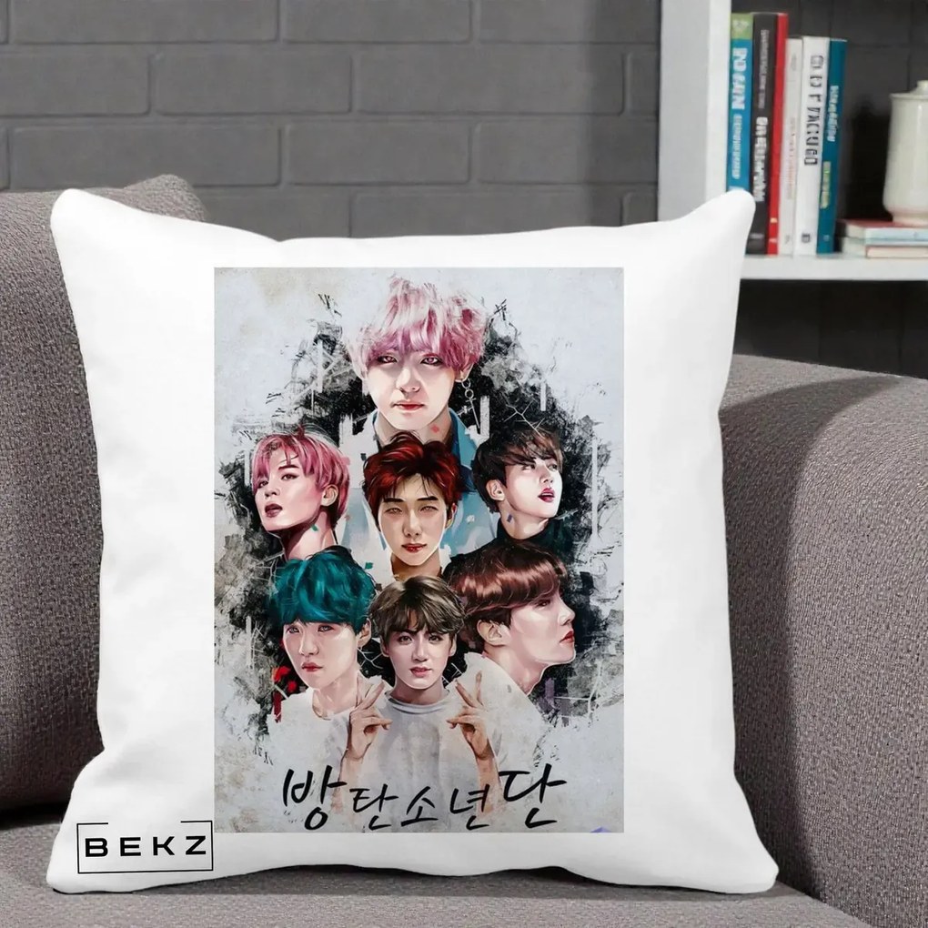 Perna Personalizata K-pop BTS Bangtan Boys Poster Artistic Negru Alb, 40x40 cm, Alba Mata, Husa Detasabila, Perna Inclusa, BEKZ®