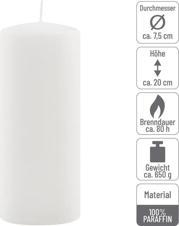 Set de lumânări tip pilon, 20 cm, Ø 7,5 cm, alb, 2 buc