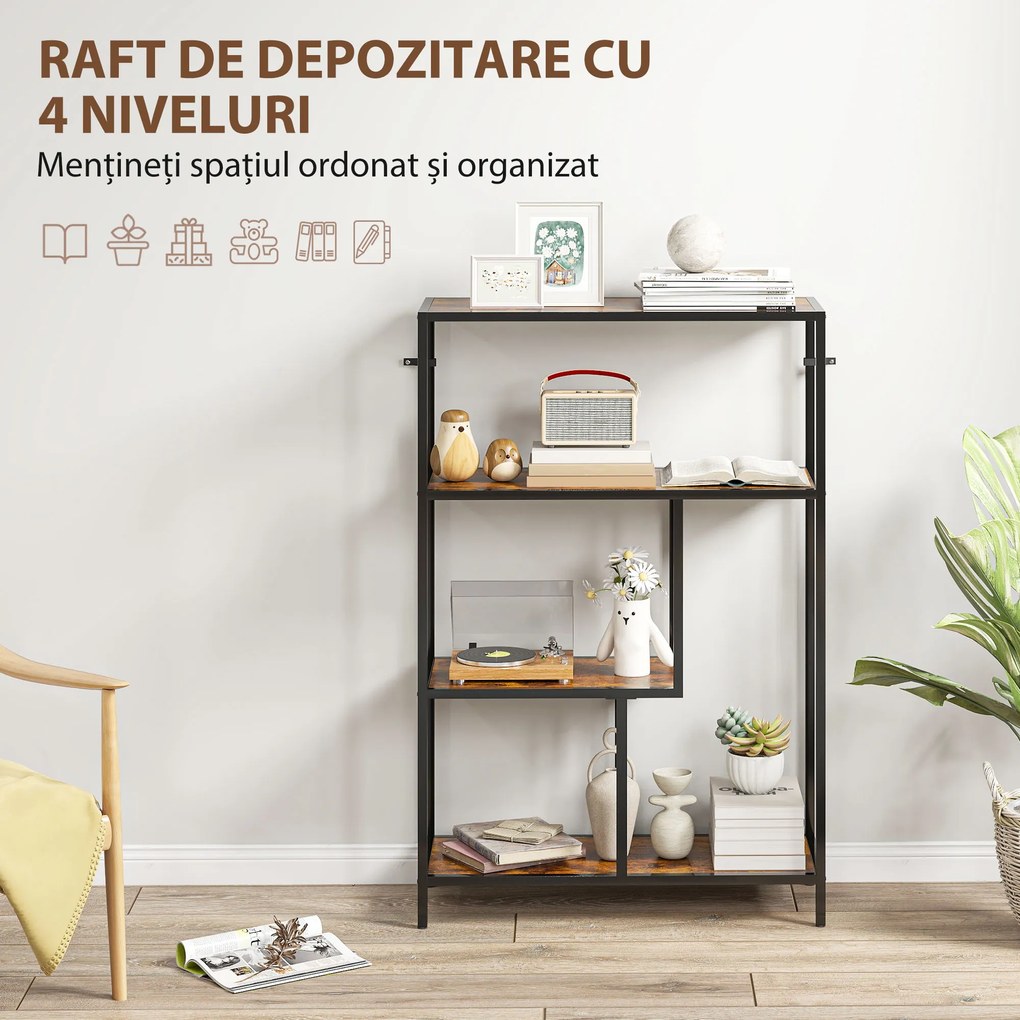 HOMCOM Bibliotecă cu 4 Rafturi, Stil Industrial, Lemn și Metal, 77x30x116cm, Maro | Aosom Romania