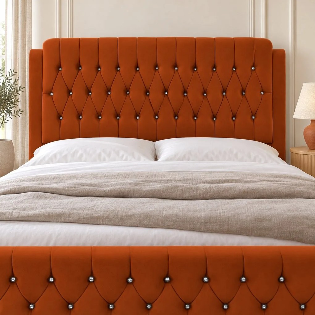 Pat tapițat Chesterfield din catifea Aveline Deluxe 180×200 cm, cărămiziu, cu ladă de depozitare