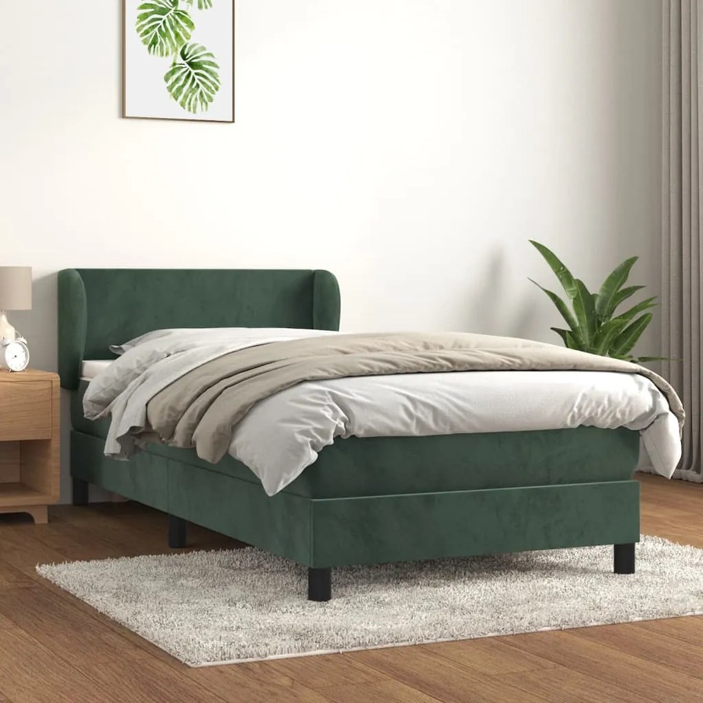 Pat box spring cu saltea, verde inchis, 90x200 cm, catifea Verde inchis, 90 x 200 cm, Design simplu