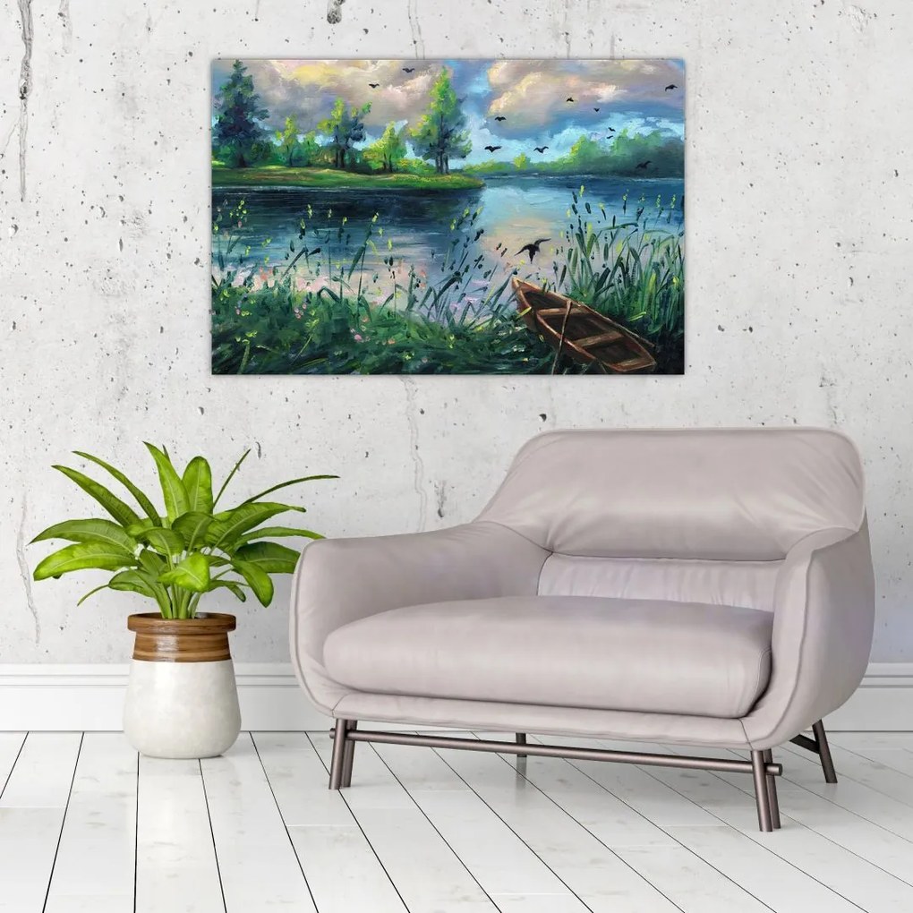 Tablou- Pictură în ulei, seară de vară lângă lac (90x60 cm)