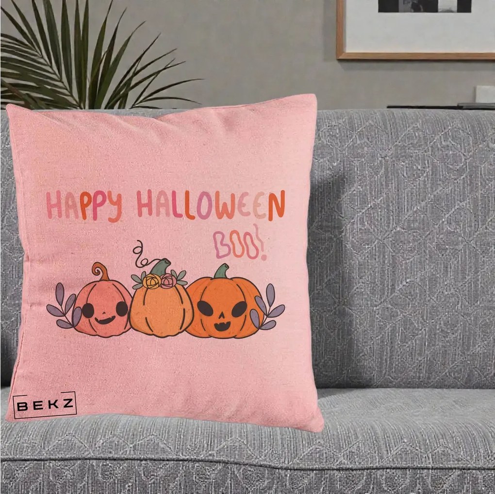 Perna Decorativa Happy Halloween Boo Trei Dovlecei Kawaii, 40x40 cm, Roz, Husa Detasabila, Perna Inclusa, BEKZ®