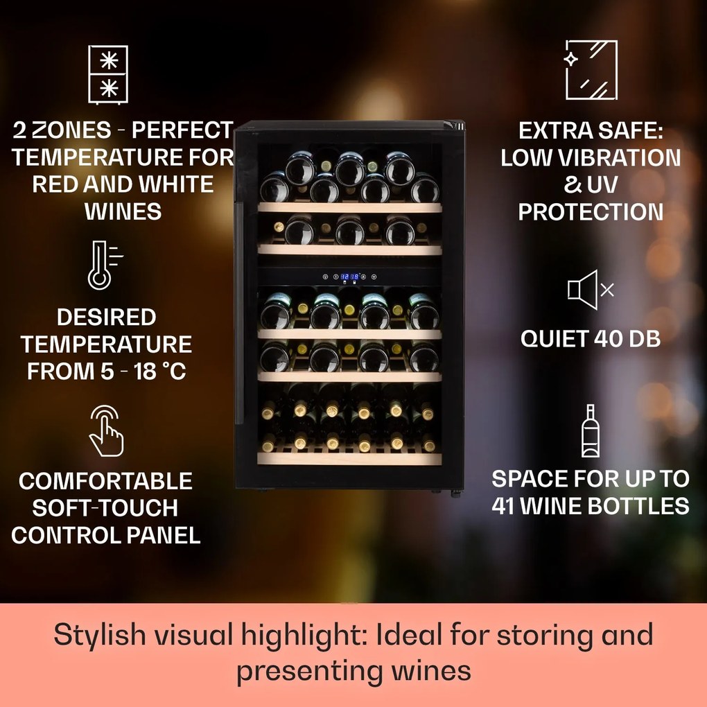 Klarstein Barossa 40D, răcitor de vinuri, 2 zone, 135 l, 41 de sticle, ușă de sticlă, tactil