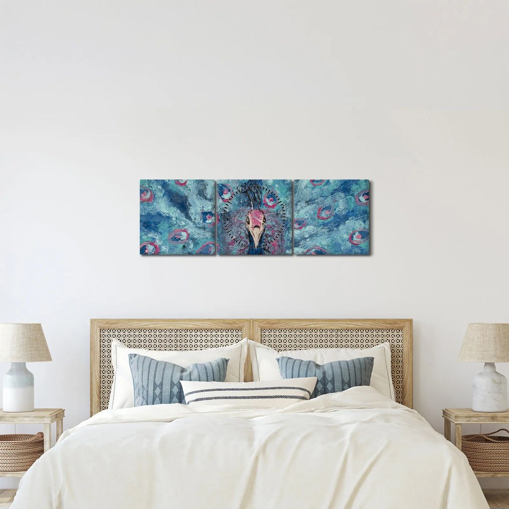 Tablou cu păun pictat (cu ceas) (90x30 cm)