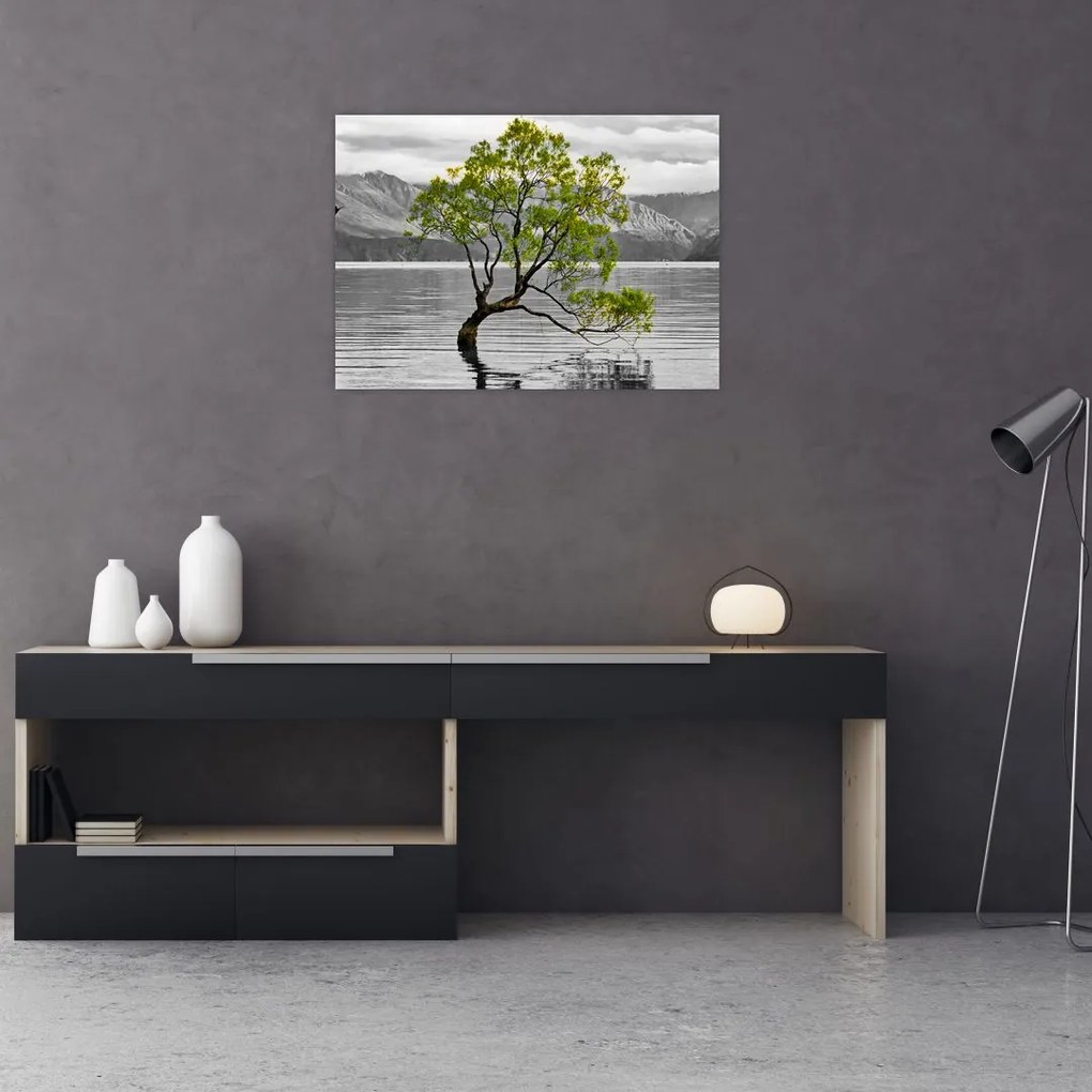 Tablou pe sticlă copacului în mijlocul lacului (70x50 cm)