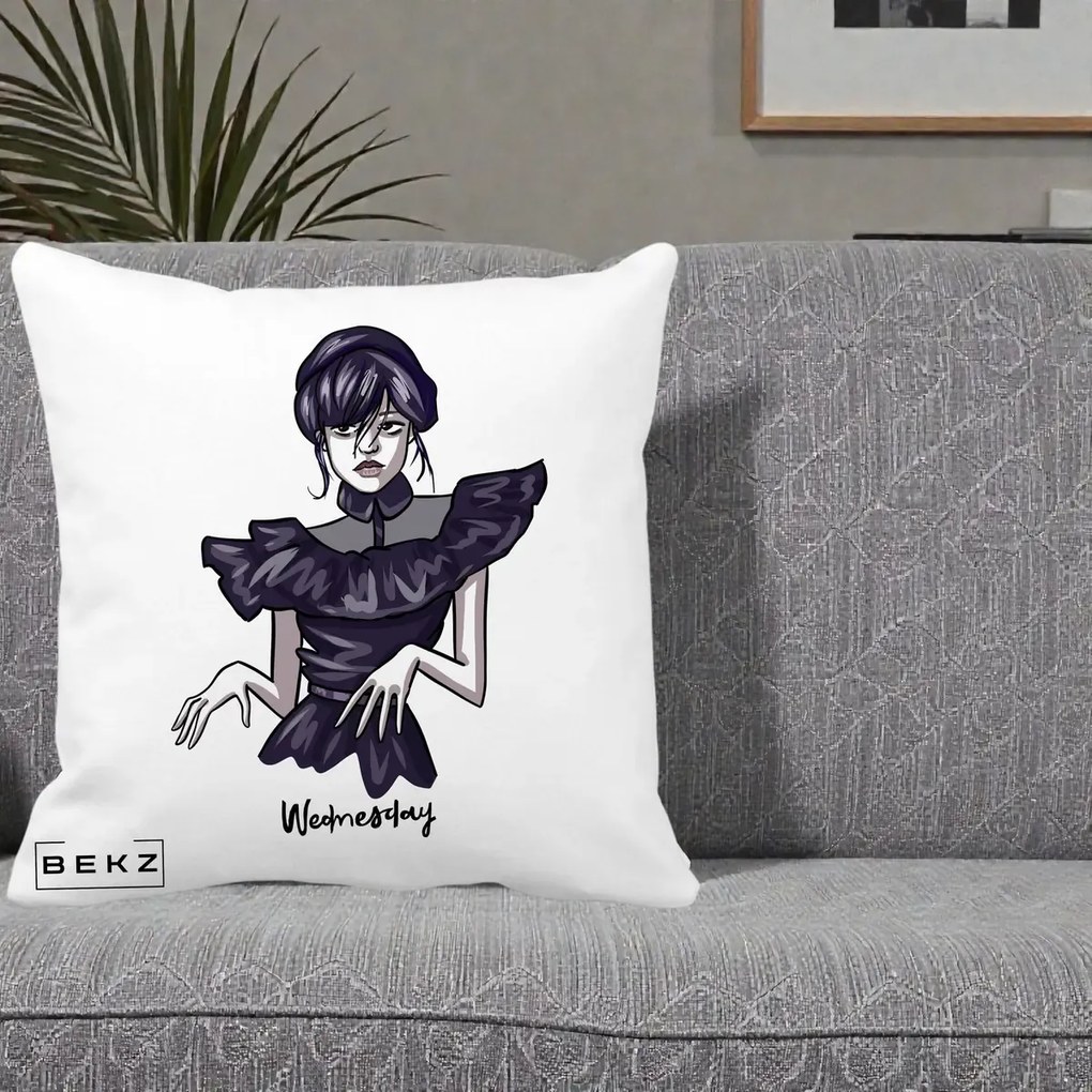 Perna Personalizata Wednesday Addams Dans Gotic, 40x40 cm, Alba Mata, Husa Detasabila, Perna Inclusa, BEKZ®