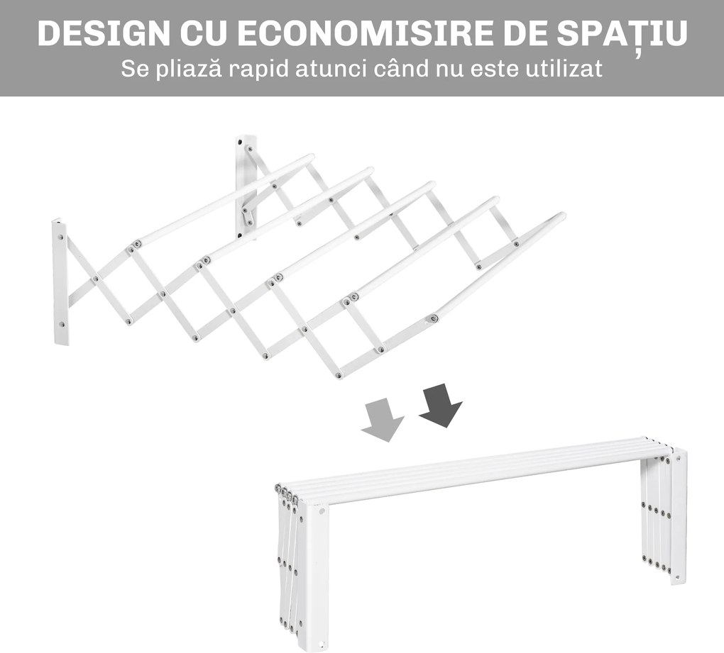 HOMCOM Uscător de Rufe Retractabil pentru Perete, Uscător Pliabil Economisitor de Spațiu din Metal pentru Interior și Exterior, 63,5x60x20 cm, Alb | Aosom Romania