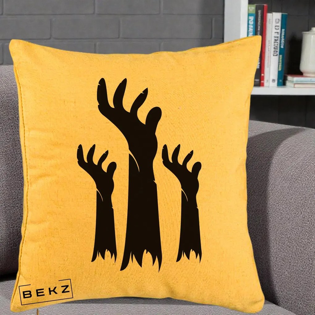 Perna Decorativa Halloween Maini Zombie Alb-Negru, 40x40 cm, Galben, Husa Detasabila, Perna Inclusa, BEKZ®