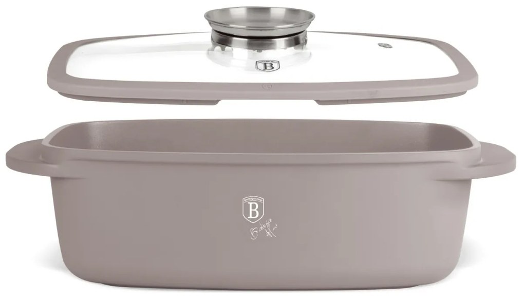 RESIGILAT - Tavă roaster cu capac 32x21 cm, 6L – Berlinger Haus Taupe Collection BH 8778, gri, antiaderentă, ideală pentru friptură la cuptor, cu