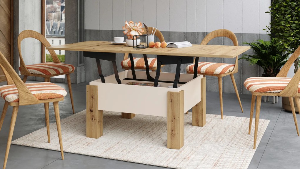 Mazzoni OSLO Stejar Artisan/Bej (Șampanie) - MĂSUȚĂ EXTENSIBILĂ CU RIDICAREA BLATULUI MĂSUȚĂ DE CAFEA