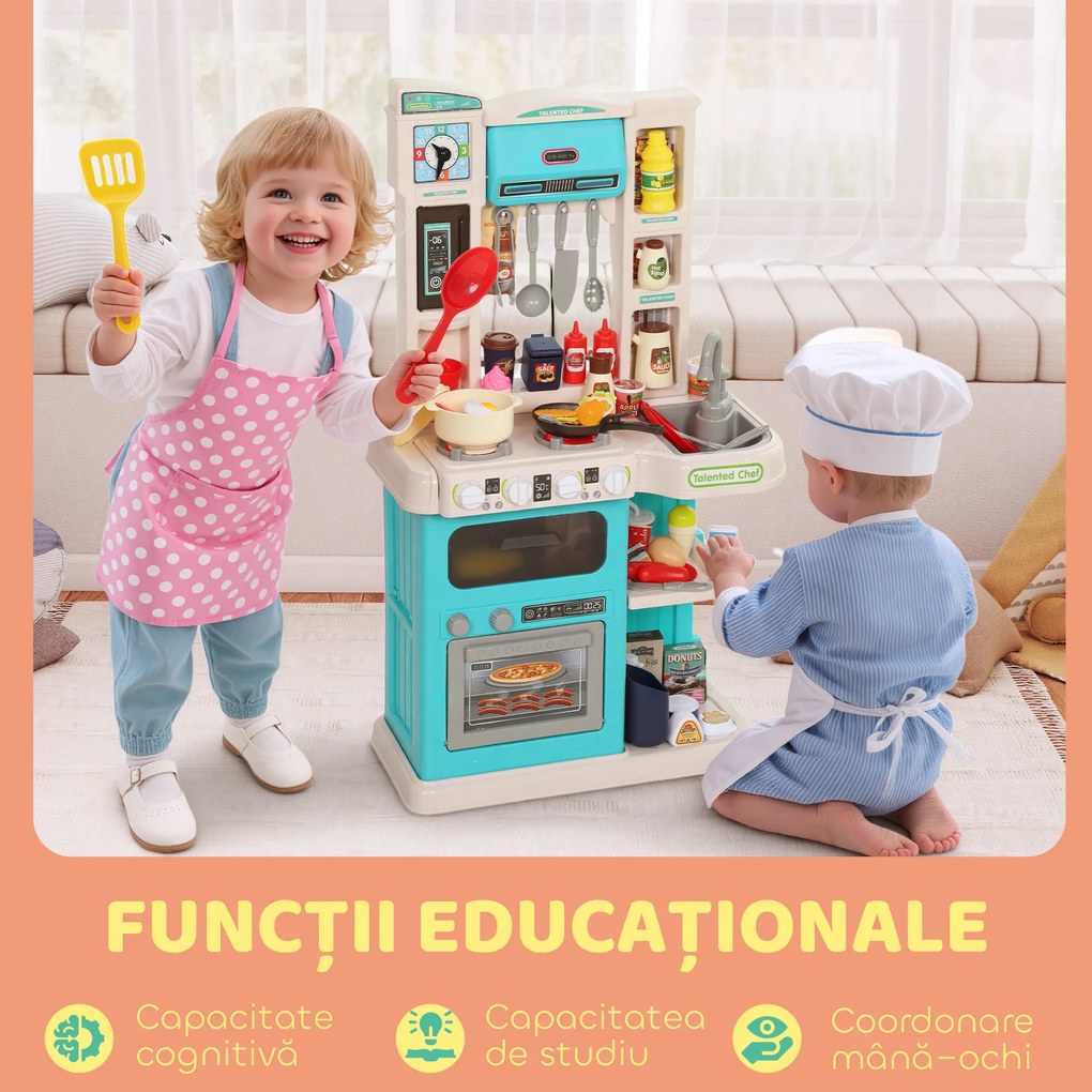 AIYAPLAY Bucătărie de Jucărie pentru Copii 3-6 Ani cu 92 de Accesorii, din PP, PE și ABS, 44.5x24x79 cm, Verde | Aosom Romania