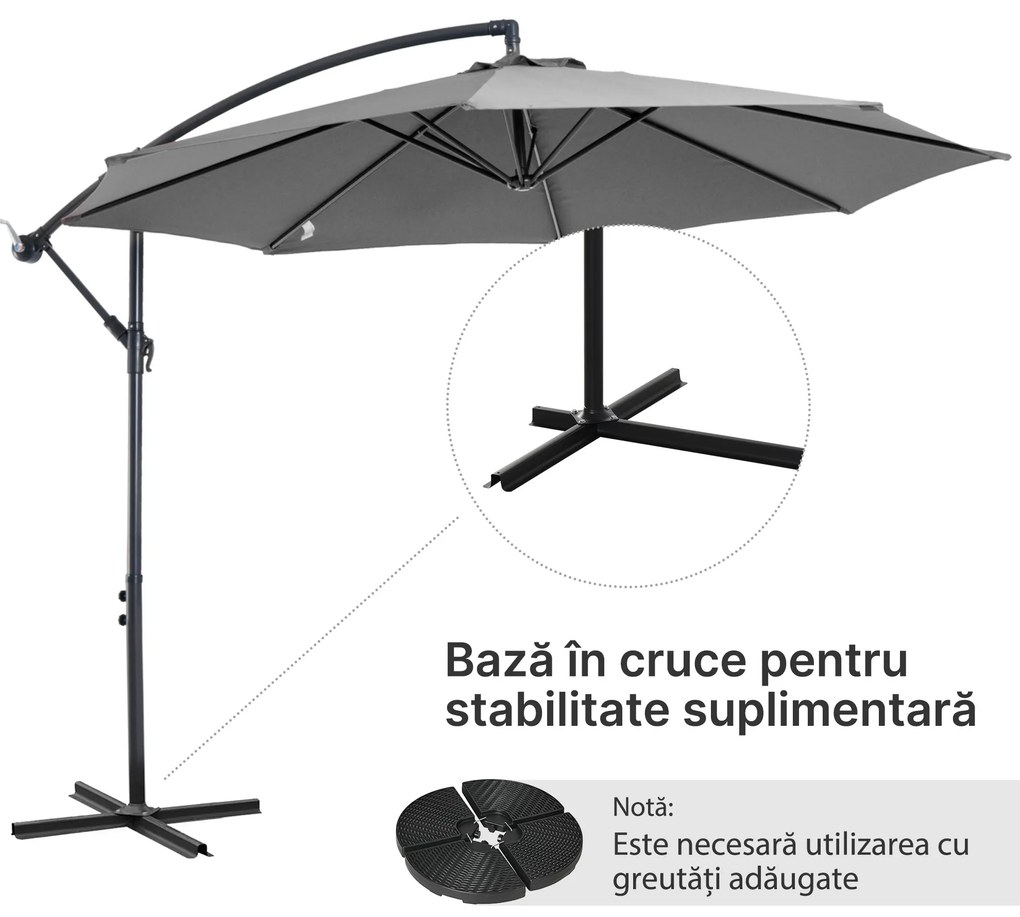 Outsunny Umbrelă Descentralizată pentru Exterior, Gri, Manivelă, Oțel și Poliester Anti-UV, Φ300x250cm | Aosom Romania