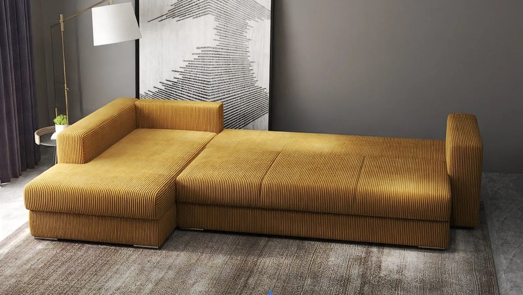 Colțar extensibil dumonde cu ladă de depozitare si sezut confortabil din spuma high-density, Gloria Zoom Mustar 320x183 cm