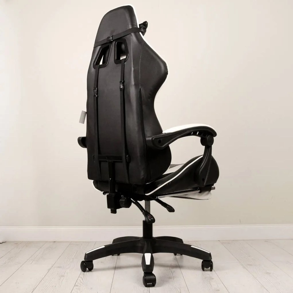 JAKS PREMIUM SCAUN GAMING REGLABIL ECO - PIELE NEGRU-ALB + PERNĂ DE MASAJ