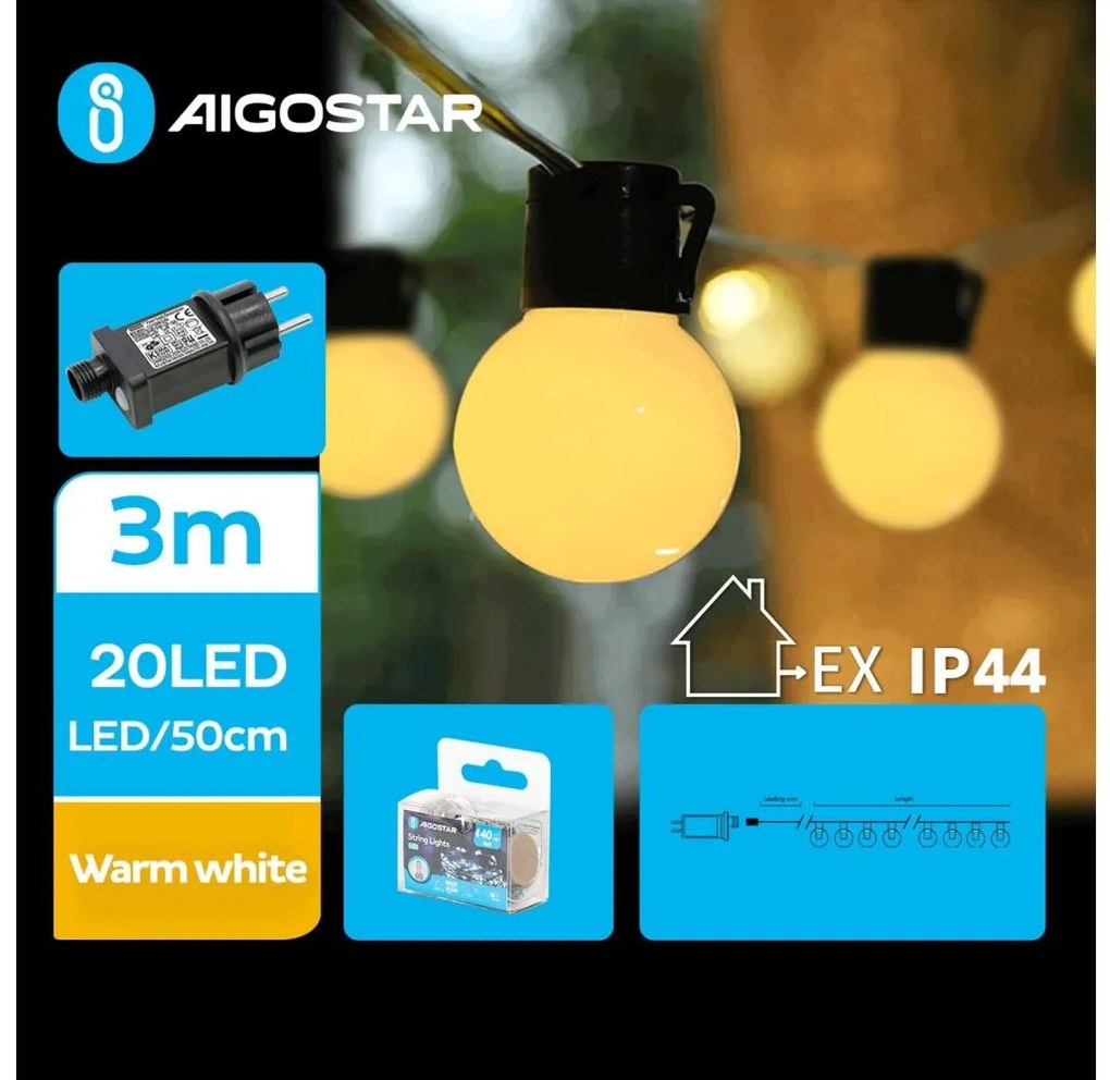 Aigostar - Ghirlandă LED decorativă pentru exterior, 20 LED/13 m, IP44, alb cald