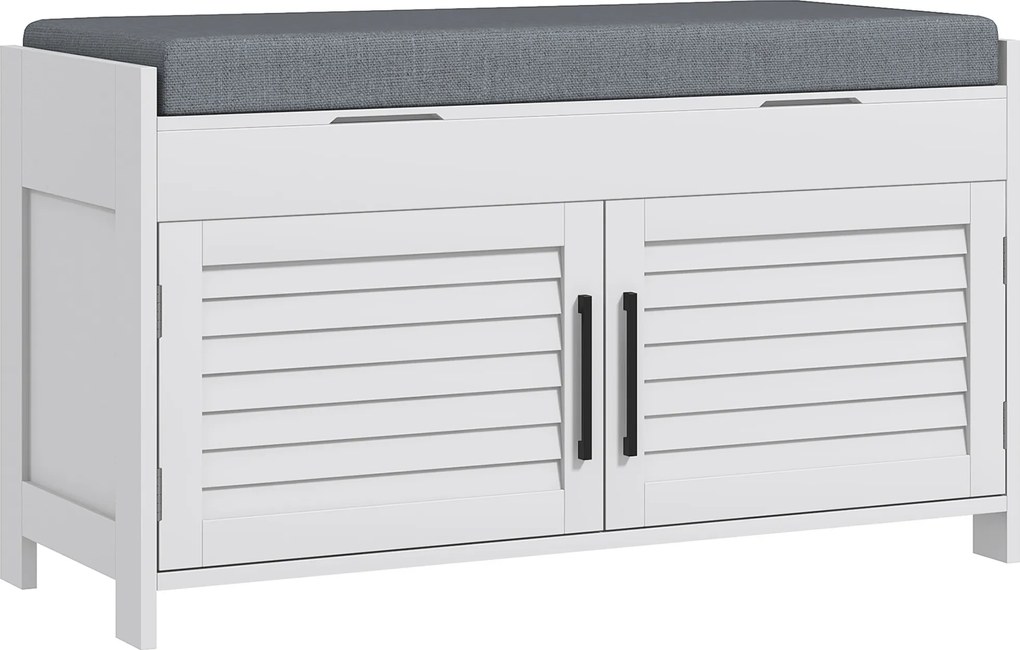 HOMCOM Bancă Pantofi, Bancă Depozitare Intrare cu Pernă, Depozitare Ascunsă, Rafturi Reglabile și Uși, 90x36x50 cm, Alb