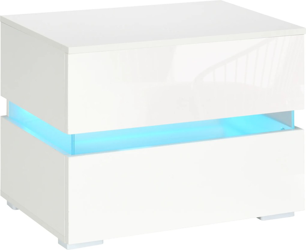 Noptieră cu LED HOMCOM | 2 Sertare cu Luciu | LED-uri RGB cu 16 Culori și 4 Moduri | Telecomandă | Alb | Aosom Romania