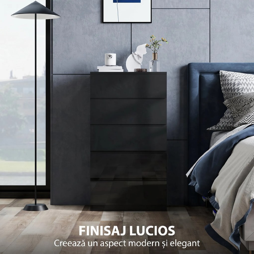 HOMCOM Comodă cu 5 Sertare din Lemn, pentru Dormitor, Design Modern și Multifuncțional, 55x34x100 cm, Negru | Aosom Romania