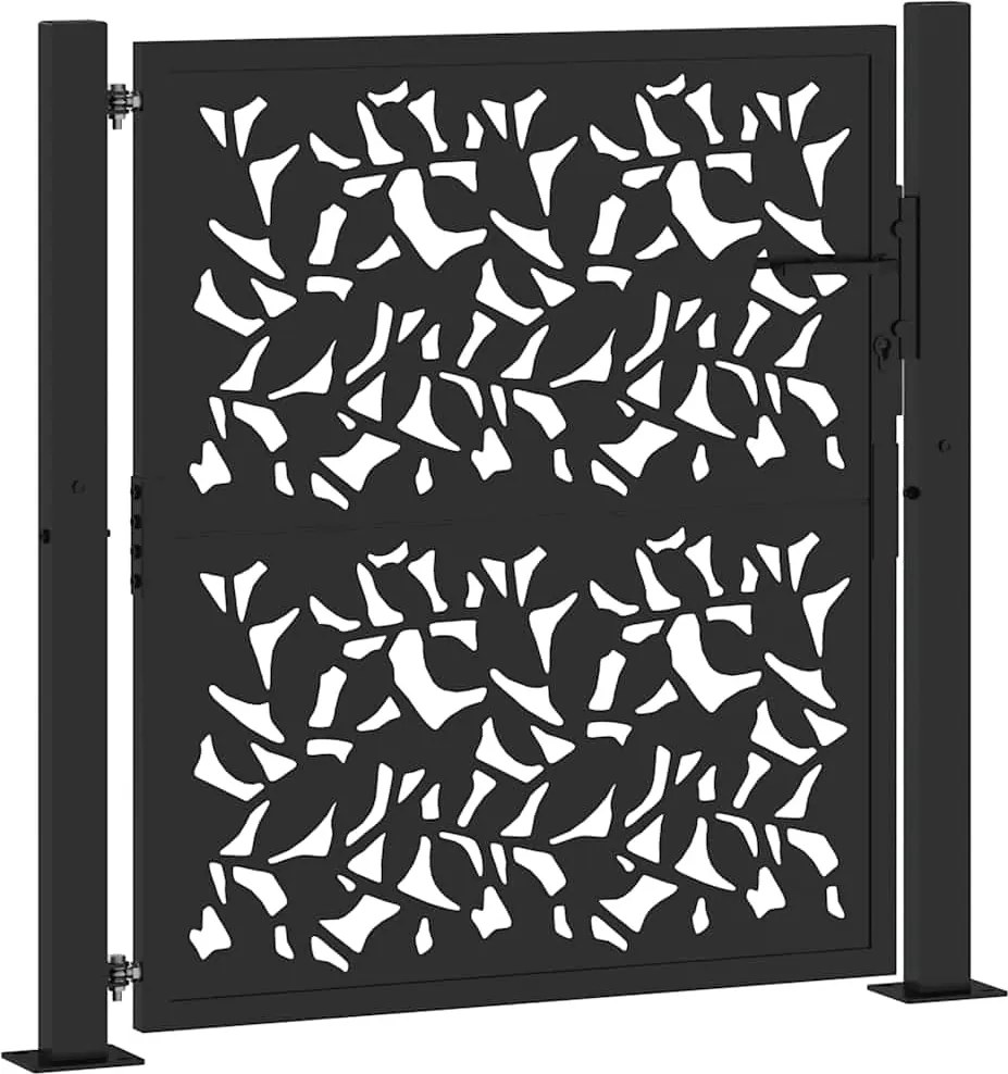 vidaXL Poartă de grădină neagră 100x100 cm, model frunze de oțel