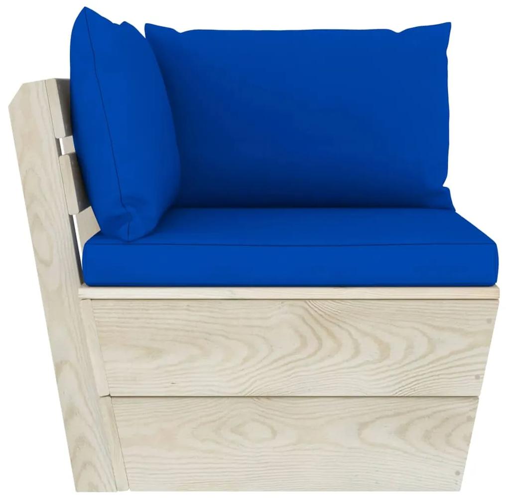 Set mobilier gradina din paleti cu perne, 6 piese, lemn molid Albastru, colt + 2x mijloc + masa + 2x suport pentru picioare, 1