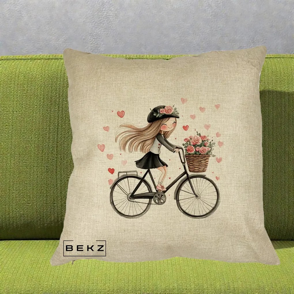 Perna Decorativa Fetita Kawaii pe Bicicleta cu Trandafiri si Inimioare, 40x40 cm, Crem, Husa Detasabila, Perna Inclusa, BEKZ®