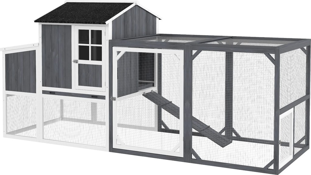 PawHut Coteț pentru găini cu tarc pentru 3-4 găini, cuib în 3 părți, suprafață 1,9 m², lemn de brad, gri | Aosom Romania