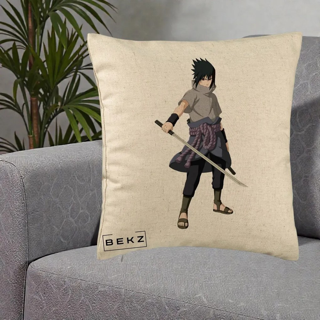 Perna Personalizata Naruto Sasuke Uchiha cu Sabia, 40x40 cm, Bej, Husa Detasabila, Perna Inclusa, BEKZ®