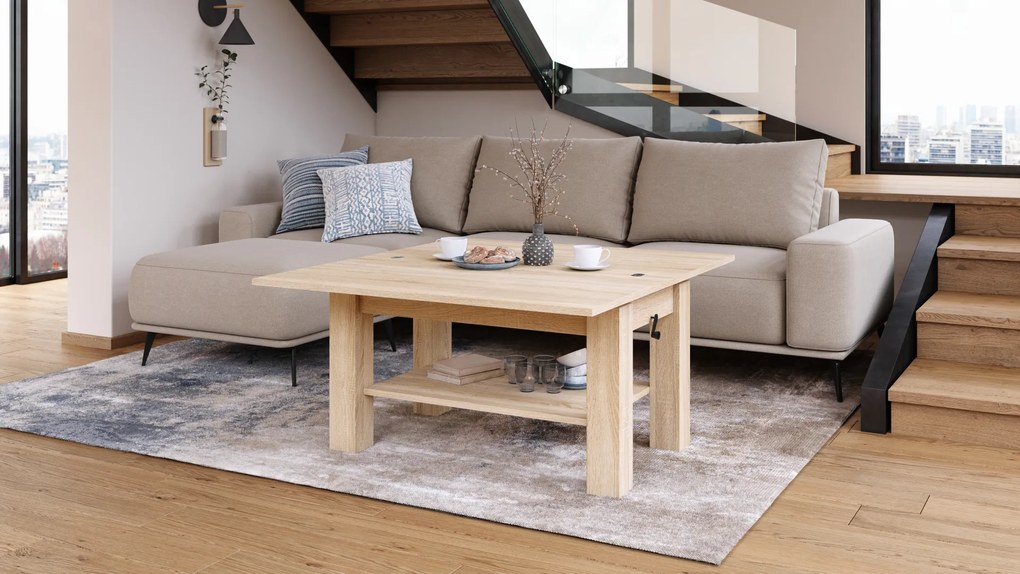 Mazzoni BRAWO Stejar Sonoma - MĂSUȚĂ DE CAFEA CU BLAT EXTENSIBIL ȘI RIDICABIL MASĂ CU RAFT