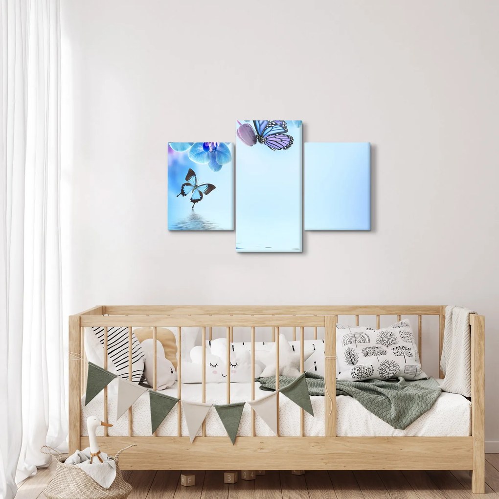 Tablou - Fluture pe flori de orhidee, albastru (90x60 cm)