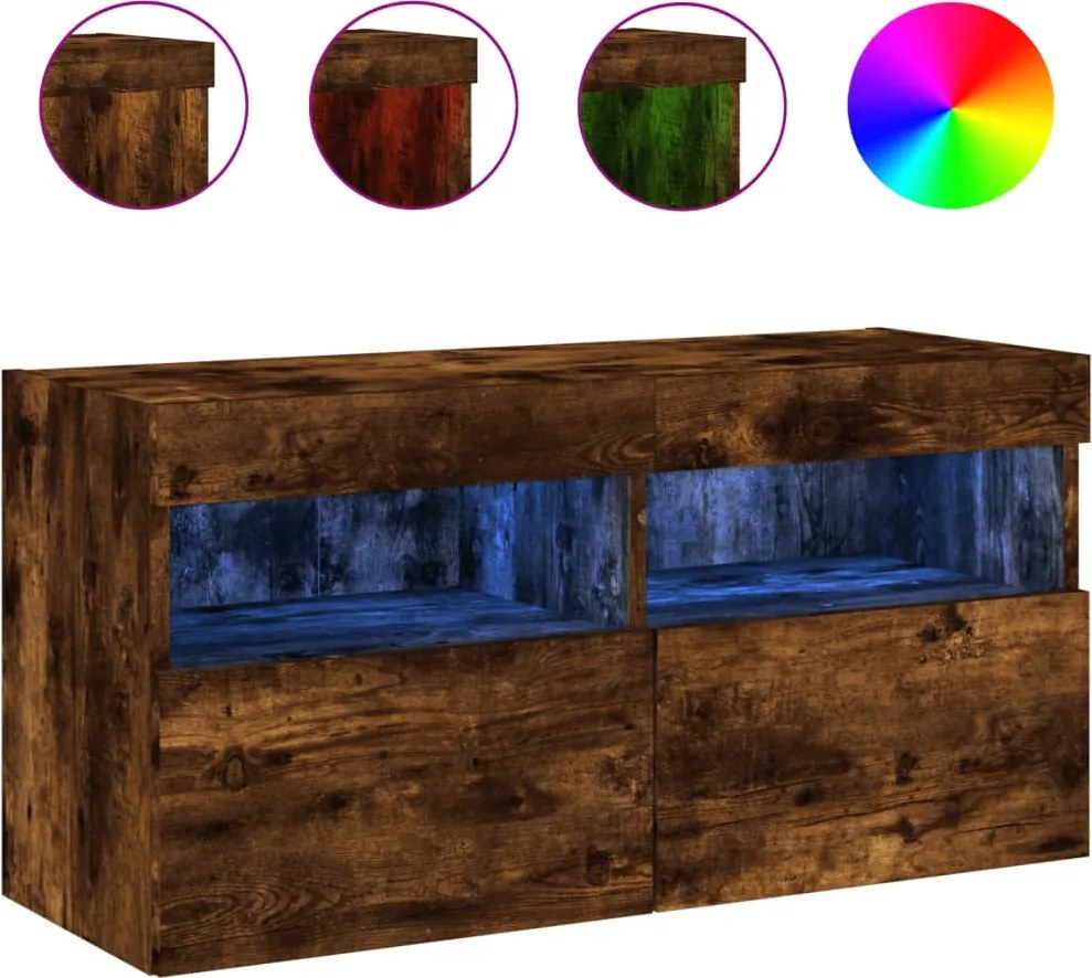 vidaXL Comodă TV de perete cu lumini LED, stejar fumuriu, 80x30x40 cm