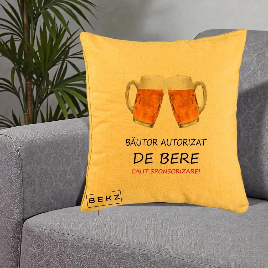 Perna Decorativa Bautor Autorizat de Bere, 40x40 cm, Galben, Husa Detasabila, Perna Inclusa, BEKZ®