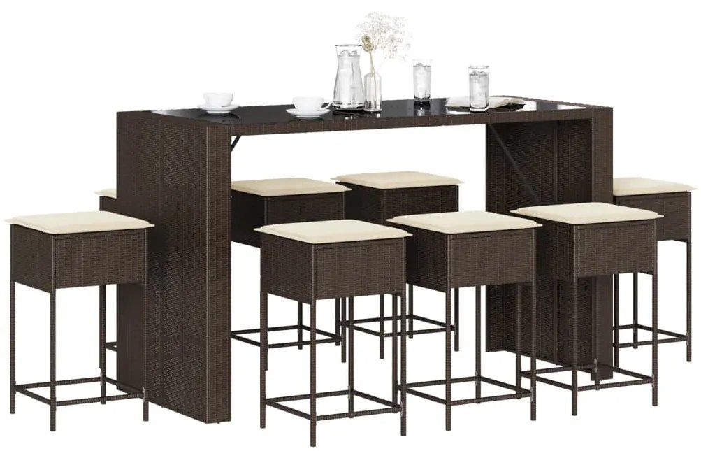 3261512 vidaXL Set mobilier bar de grădină, cu perne, 9 piese, maro, poliratan