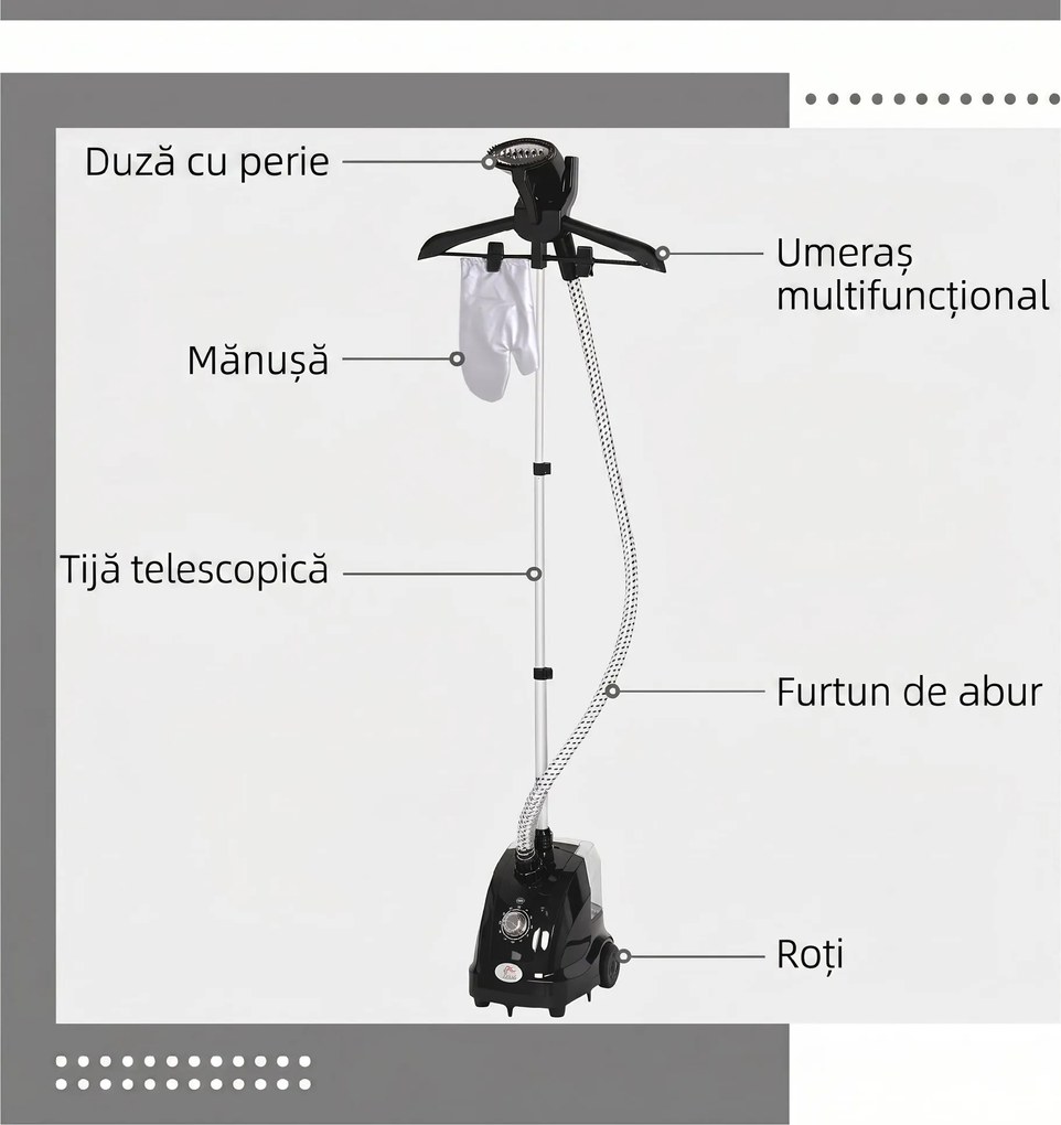 HOMCOM Aparat de Călcat Vertical cu Abur 1.4L cu Bară Extensibilă și 2 Roți Negru | Aosom Romania