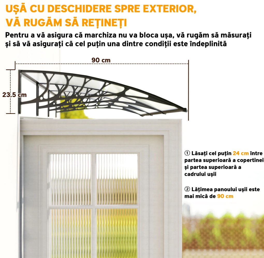 Outsunny Copertina pentru exterior, curbata cu suruburi si buloane incluse, copertina din policarbonat, PP si aluminiu, 295x90x23.5cm