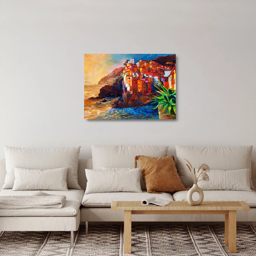 Tablou pe sticlă - Satul de coastă Cinque Terre, Riviera italiană, impresionismul modern (70x50 cm)