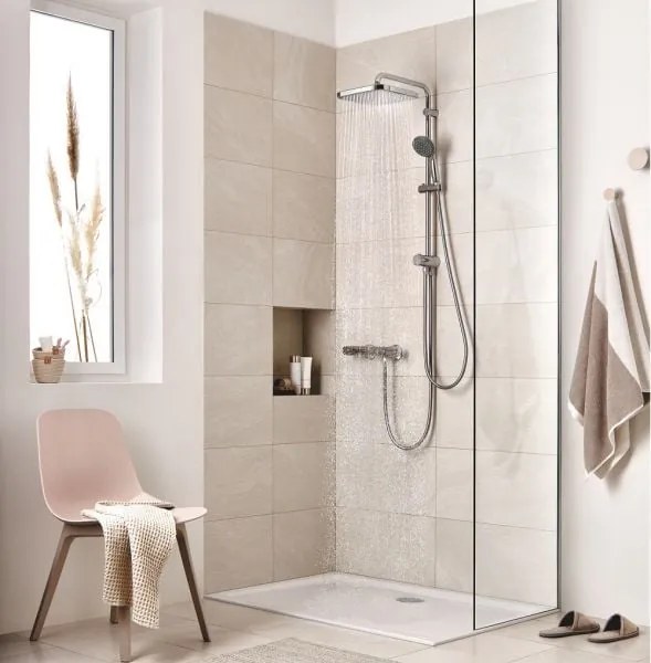 Coloana dus Grohe Vitalio,palarie patrata 25 cm,para de mana,crom,montare pe perete, fara baterie-26698000