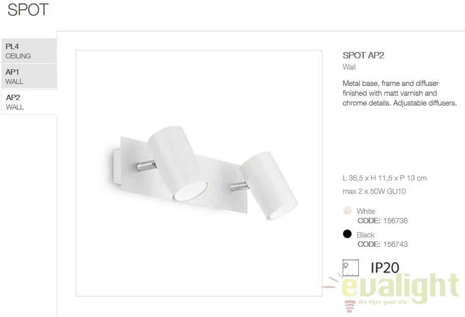Aplica perete design modern minimalist SPOT AP2 alba 156736