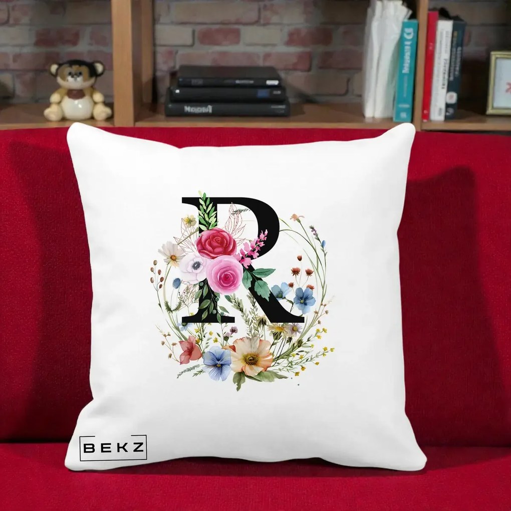 Cadou Personalizat - Perna Personalizata Monogram Litera R cu Flori Acuarela, 40x40 cm, Alba Mata, Husa Detasabila, Perna Inclusa, BEKZ®