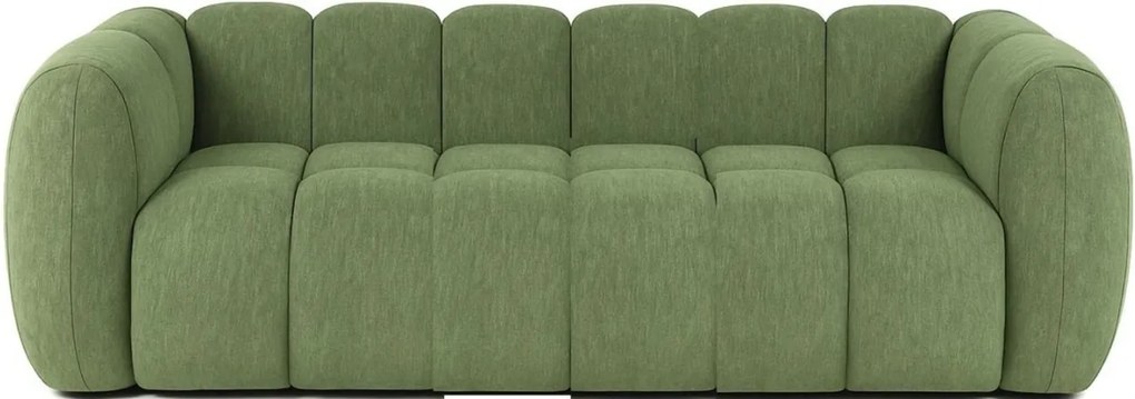 Canapea 3 locuri din stofă verde, cu spătar și brațe în volume tubulare, aspect retro, 73,5 x 230 x 107 cm, „Nancy”