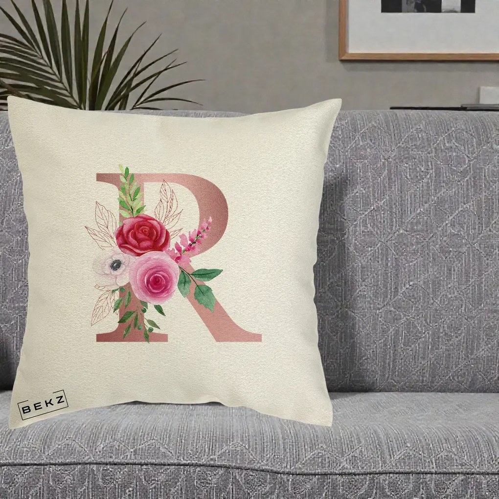 Cadou Personalizat - Perna Personalizata Monograma Rose Gold Litera R, 40x40 cm, Ecru, Husa Detasabila, Perna Inclusa, BEKZ®