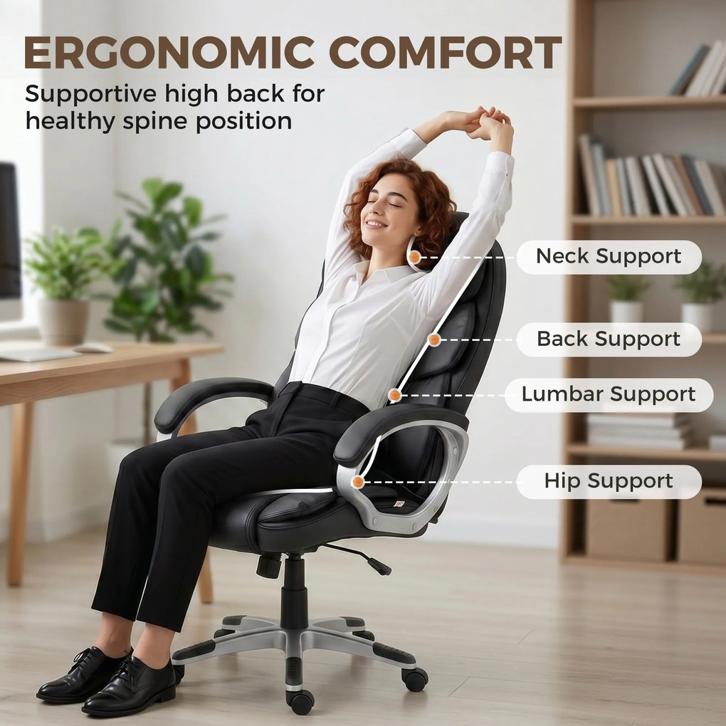 HOMCOM Scaun Birou Ergonomic Rotativ din Piele PU, Funcție Legănare, Înălțime Reglabilă, Capacitate 120kg, Negru | Aosom Romania