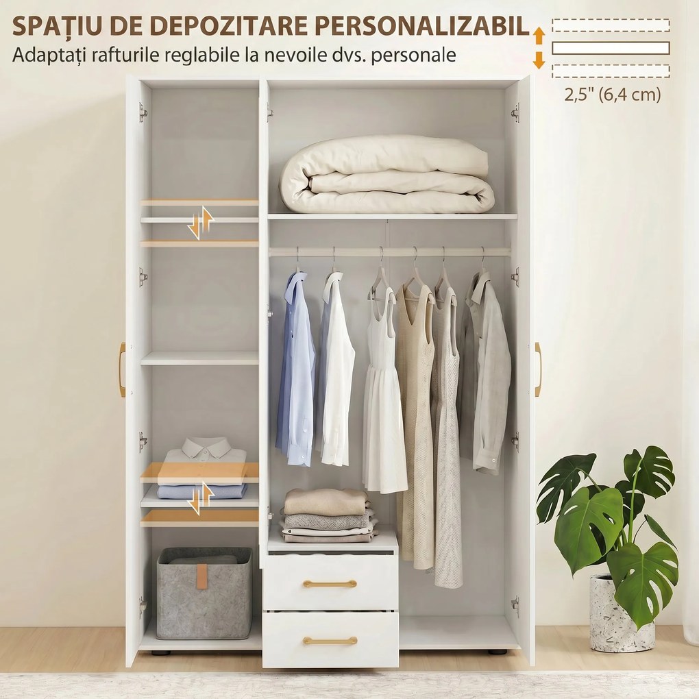 HOMCOM Dulap cu Oglindă și Bară de Haine, Alb | Aosom Romania